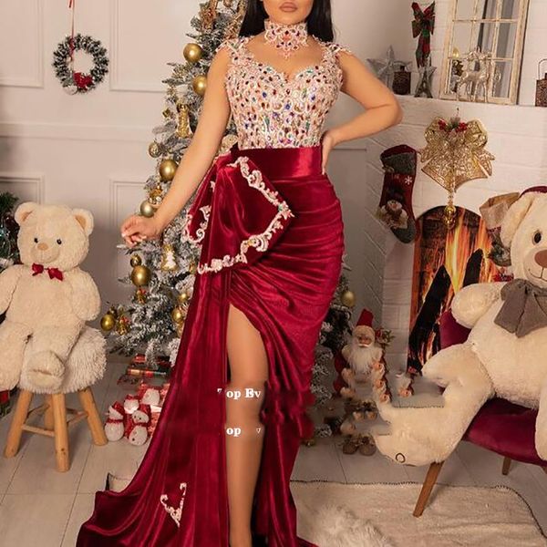 

arabic evening dresses 2022 beaded with rhinestones burgundy side split formal long mermaid prom gowns velvet party, Black;red