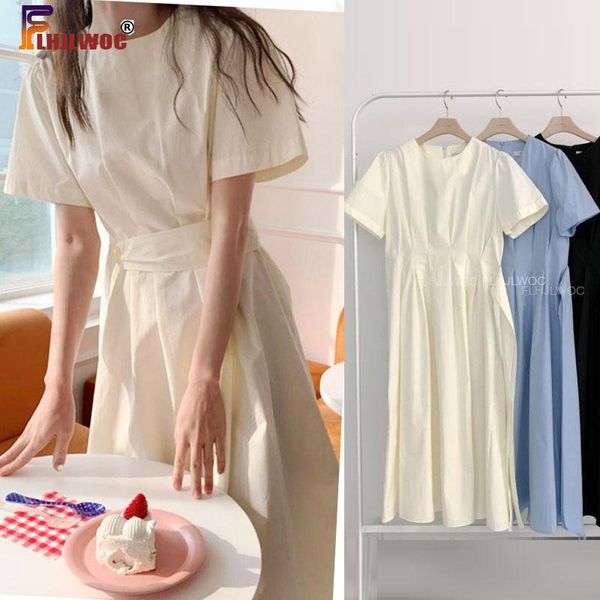 

casual dresses korean chic long dress summer short sleeve a line lace-up bow tie retro vintage cute women cotton blend flhjlwoc, Black;gray
