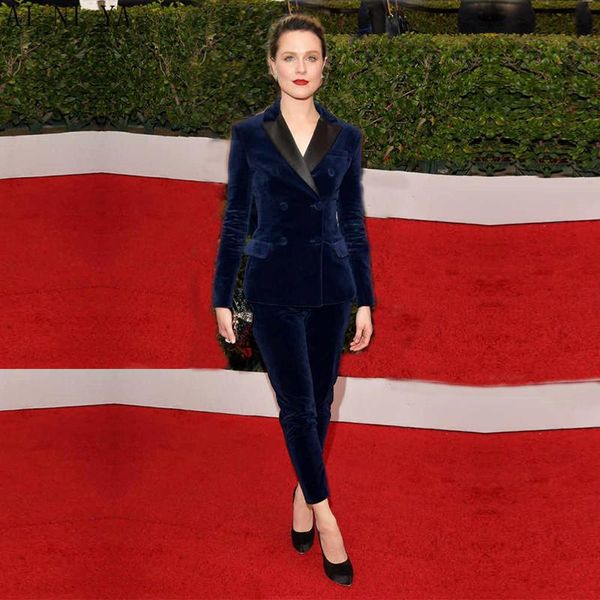 

navy velvet womens business suits double breasted slim fit female office uniform ladies elegant pant custom made women's two piece pant, White