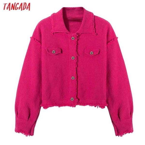 

tangada women elegant pink cardigan beading buttons tassel vintage jumper lady fashion knitted coat 4h05 210812, White
