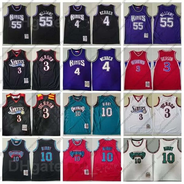 

men vintage mitchell and ness basketball jason williams jersey 55 allen iverson 3 chris webber 4 michael mike bibby 10 retro red black white, Black;red