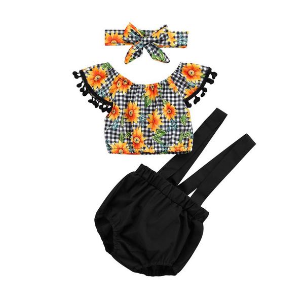 

clothing sets fashion girl baby short sleeves + suspenders shorts bow headband bright sunflower print girls infant clothes, White