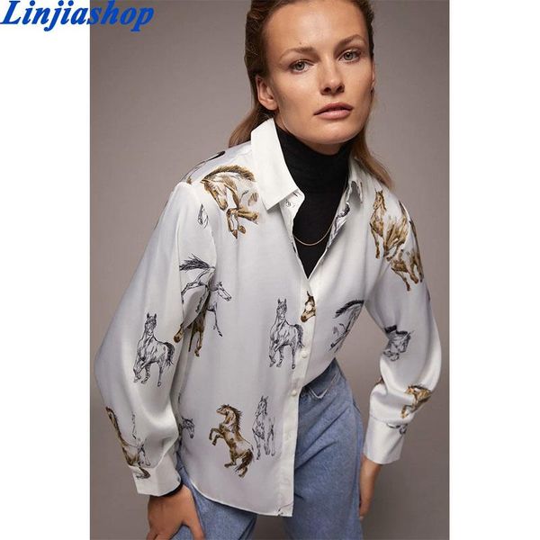 

women casual horse print autumn white blouse female elegant long sleeve single breasted loose shirt blusas mujer women's blouses & s s
