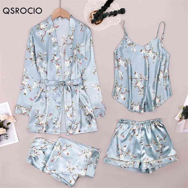 QSROCIO Высокое качество Женская пижама 4 частей набор старинные синий цветок пижама шелковый шелк, как досуг домашняя одежда слинг топ халат 210831