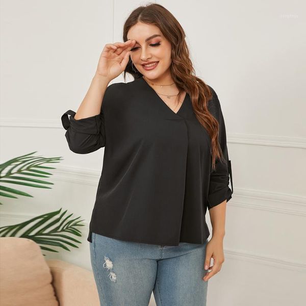 

plus size t-shirt fridayin 2021 real s autumn soild color women's v-neck casual loose long-sleeved shirt ladies fashion black