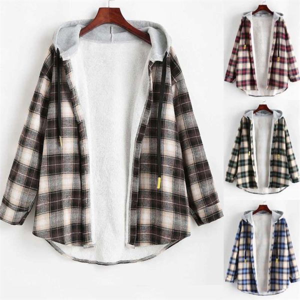 

winter clothes women's hoodie sweatshirt casual long sleeve plaid buttoned curved hem hooded warm coat jacket 210928, Black