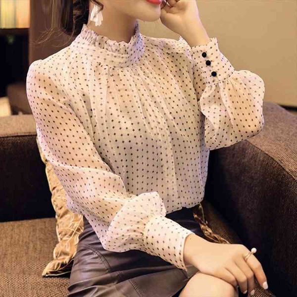 

arrived spring long sleeve autumn womens blouses fashion polka dot chiffon office lady clothing full, White