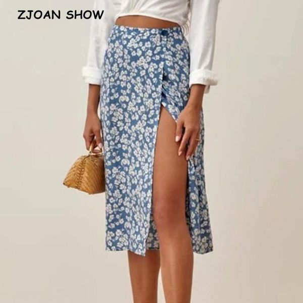 

skirts 2021 retro france style hem split women wrap midi skirt chic high waist floral print one-piece, Black