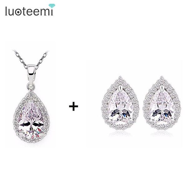 

earrings & necklace luoteemi arrival wedding jewelry set white gold-color crubic zircon for women party, Silver