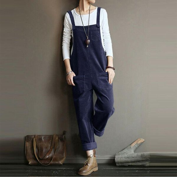 

gym clothing autumn winter ladies casual solid color loose sling button suspenders pocket jumpsuit slender fashionable all-match, White;black