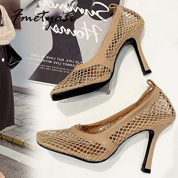 

dress shoes women pumps air mesh high heels slip-on hollow gold chain summer sandals net surface breathable for 2021, Black