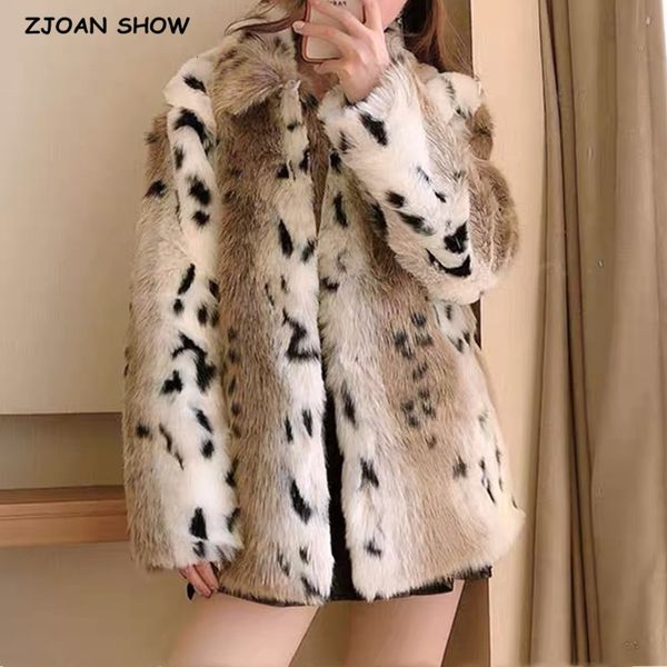 

women's wool & blends winter lapel hairy shaggy gradient color leopard fur jacket long sleeve furry women coat loose, Black