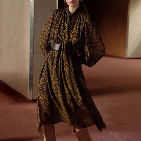 

dresses women long sleeve maxi dress leopard with sash, Black;gray