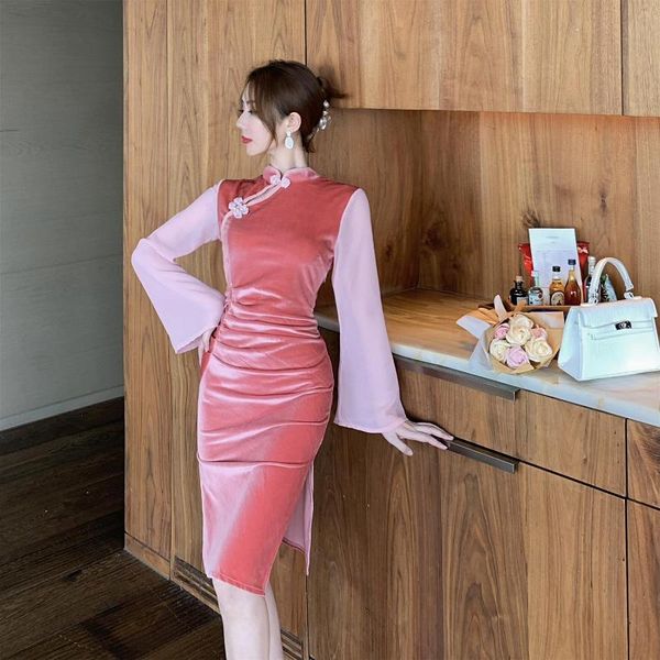 

anglo-american pink velvet splicing chiffon horn sleeve package hip vents of qipao dress restoring ancient ways cultivate one casual dresses, Black;gray