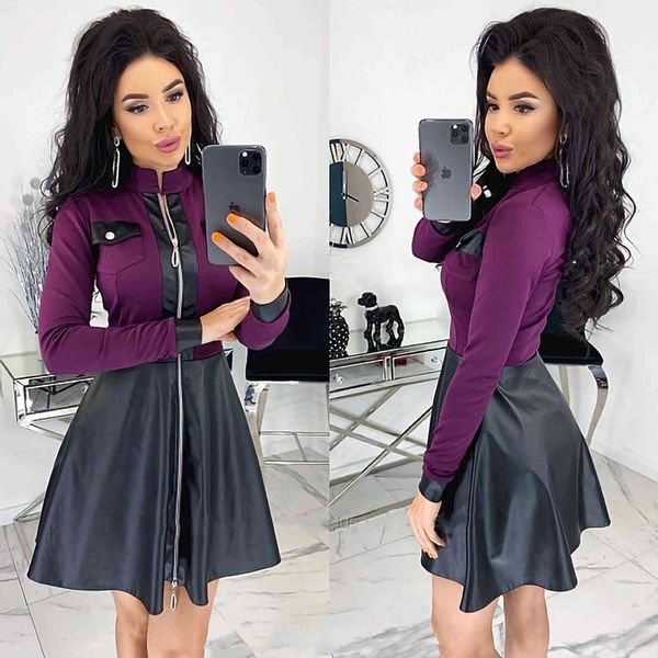 

women's dresses color matching leather 2706, Black;gray