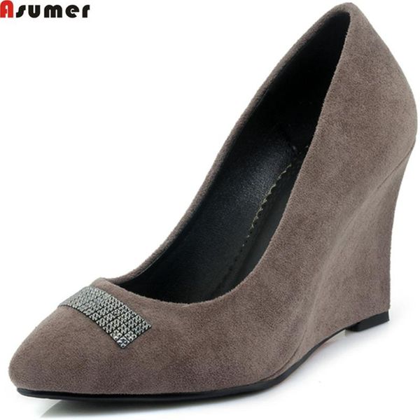 

spring autumn women pumps pointed toe ladies shoes shallow wedges flock crystal high heels dress, Black