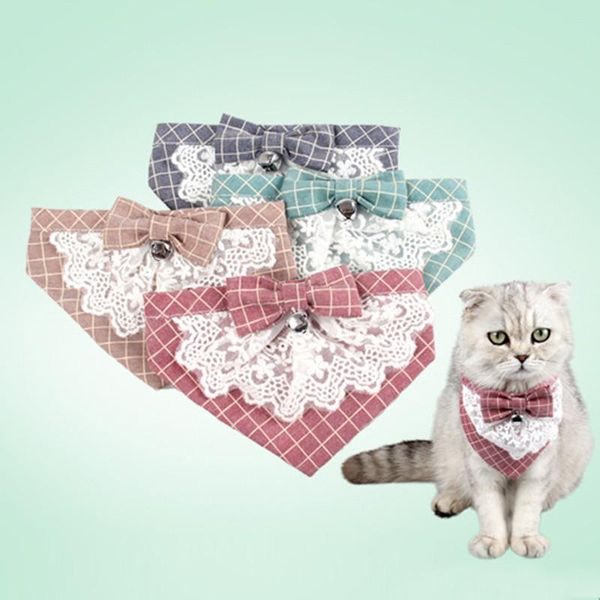 

dog collar with bell neckerchief england style plaids bow tie pet cat triangular bandage scarf collars & leads