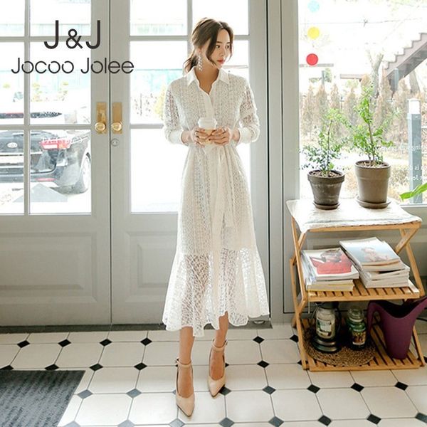 

women white elegant korean lace dress long sleeve single breasted bandage midi mermaid dress female office ladies dress vestidos 210518, Black;gray