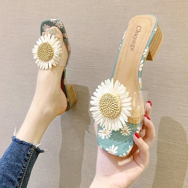 

slippers 4cm heel fairy style female 2021 summer fashion small daisy beach shoes thick sandals and woman, Black