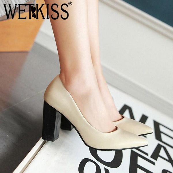 

dress shoes wetkiss pu thick high heels women pumps pointed toe footwear shallow female office woman 2021 spring black