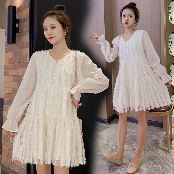 

maternity dresses 5803#maternity clothes spring autumn v neck chiffon long sleeves loose stylish dress for pregnant women mom, White
