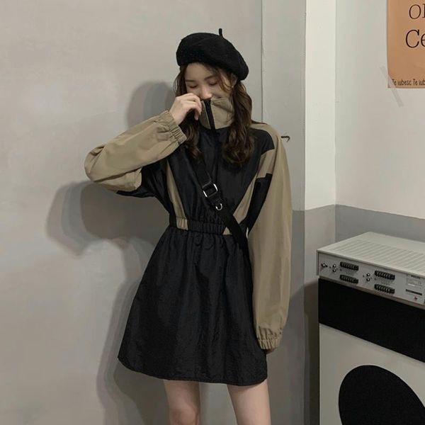

casual dresses korean port of flavour restoring ancient ways to show thin waist bump splicing tooling wind long-sleeved dress 1264 #, Black;gray