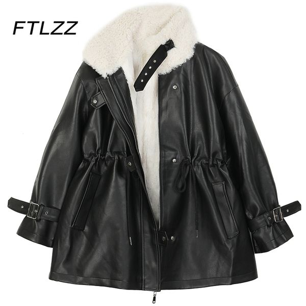 

faux lamb wool warm leather jacket for women fashion long sleeve loose korean biker moto coat female outwear 210602, Black