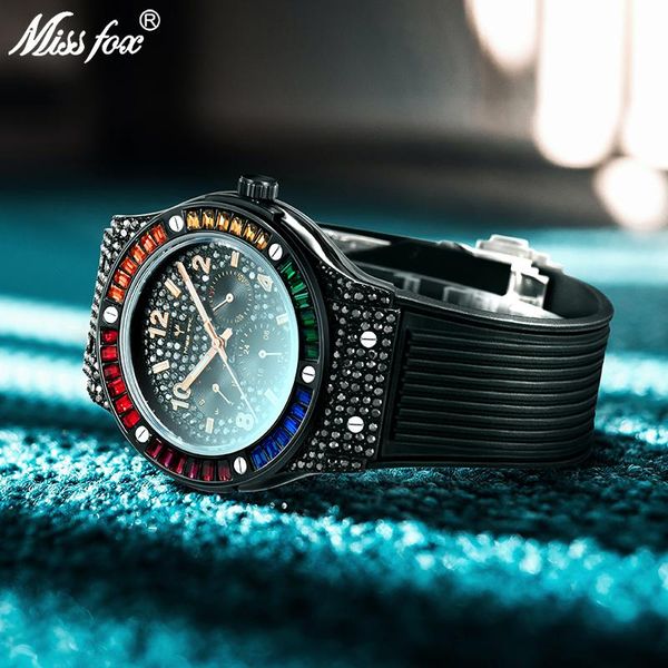 

wristwatches missfox fashion watch men creative colored square diamond men's watches male wristwatch luxury blak mens clock relogio mas, Slivery;brown