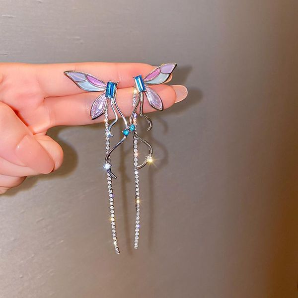 

dangle & chandelier korean style purple enamel butterfly drop earrings for women long tassel rhinestone weddings party jewelry 33, Silver