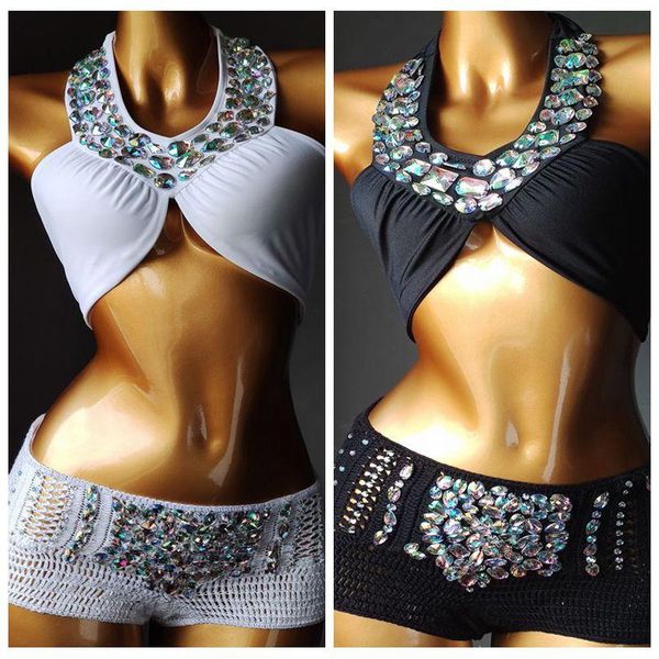 

women's swimwear 2021 vacation bikini set diamond rhinestion push up handmade crochet bathing suit high waist swimsuit, White;black