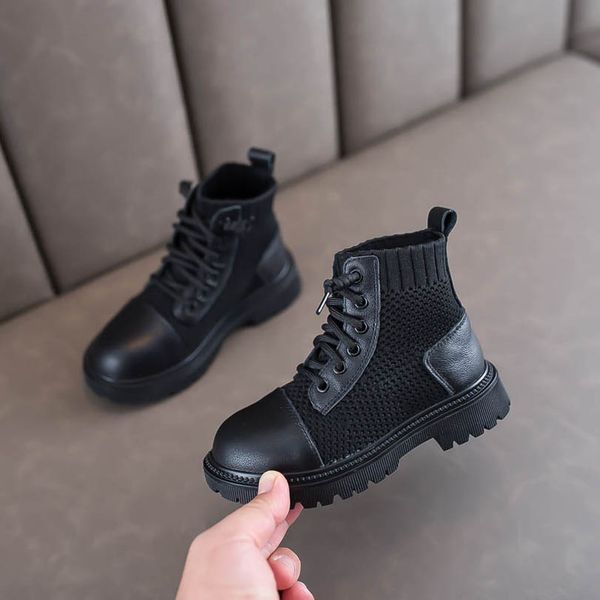

childrens boots kids shoes baby girls ankle boot autumn winter boys shoe cowhide knitted princess footwear b7748, Black;grey