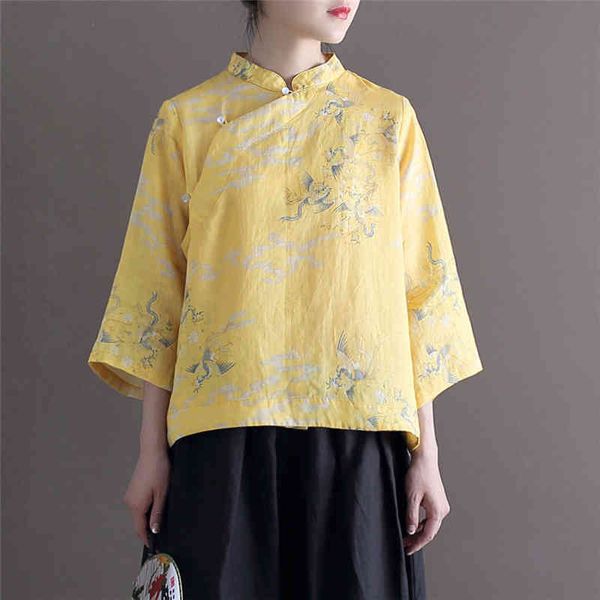 

johnature women yellow shirts ramie print floral ramie blouses stand seven sleeve button vintage summer shirts and 210521, White