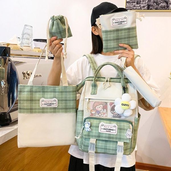 

school bags plaid women's backpack 4 pcs set backpacks kawaii for girls bookbags