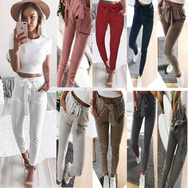 

women's pants & capris striped strechy elastic high waist harem women bowtie belt slim long trousers casual with pockets, Black;white