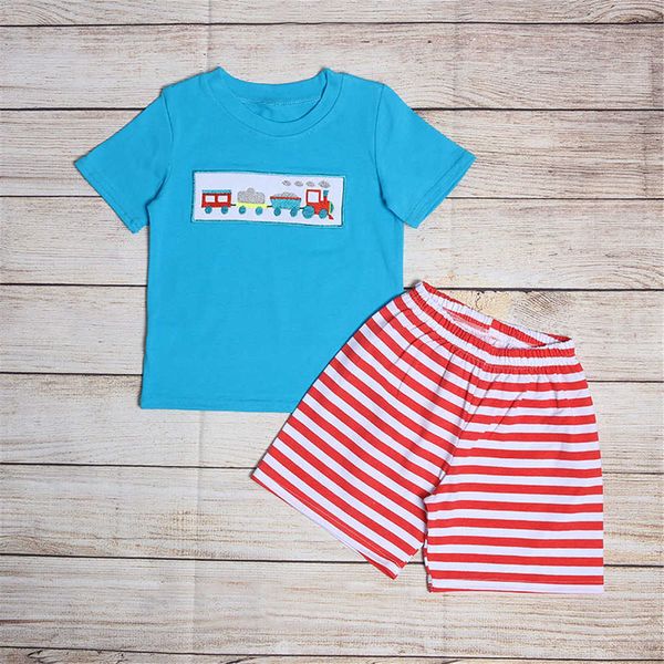 

2021 fashion pure cotton boy suit train embroidered blue red and white striped shorts children clothing x0802