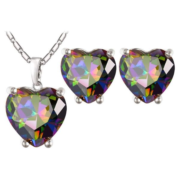 

earrings & necklace kpop set colorful cubic zirconia heart stud earring pendant for women gift jewelry chain pe266, Silver