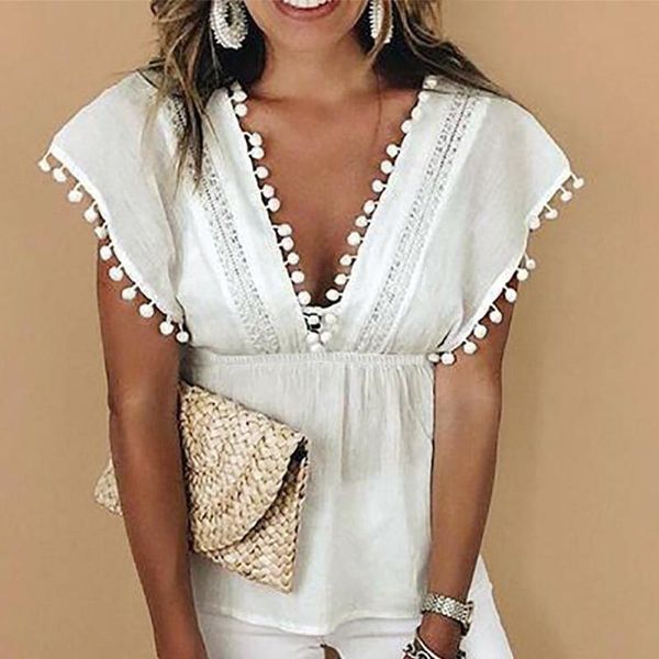 

women's blouses & shirts summer v-neck patchwork tunic women blouse solid short sleeve hollow out loose casual ladies fashion female 2, White