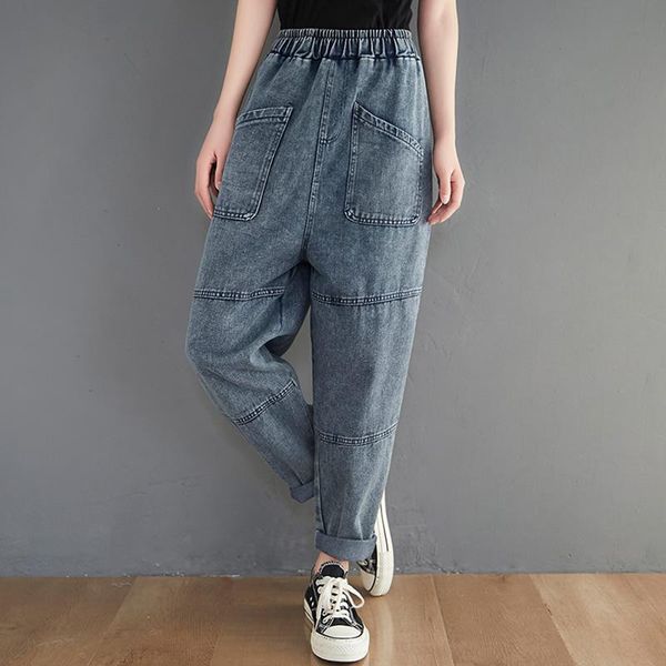 

women's jeans trendy women denim vintage trousers plus size mid waist pockets washed old harlem pants female arrivals nice, Blue