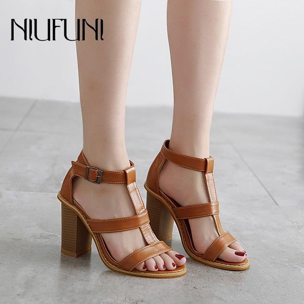 

fashion roman shoes solid color women's sandals 2021 arrival belt buckle casual round toe thick high heels, Black