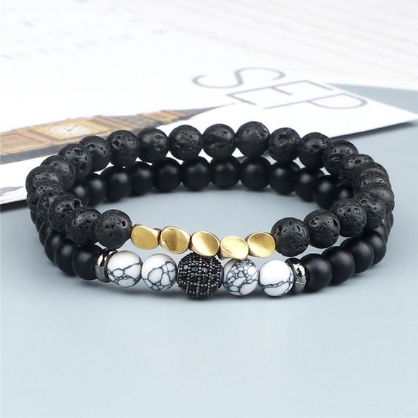 

beaded, strands 2pcs/set 6mm couples distance bracelet men black natural lava stone cz ball beaded charm bracelets women jewelry gifts bilek