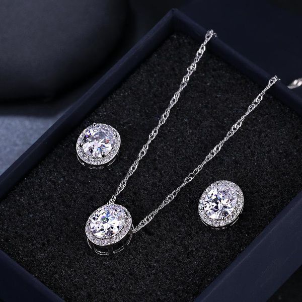 

earrings & necklace luxury female crystal stud jewelry set vintage small oval zircon stone wedding, Silver