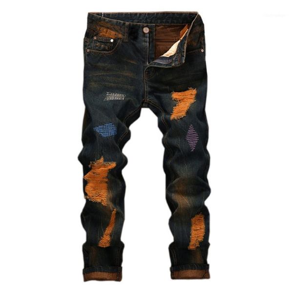 

men's jeans fashion vintage hole denim folds wash work frayed printed zipper basic pants w315, Blue