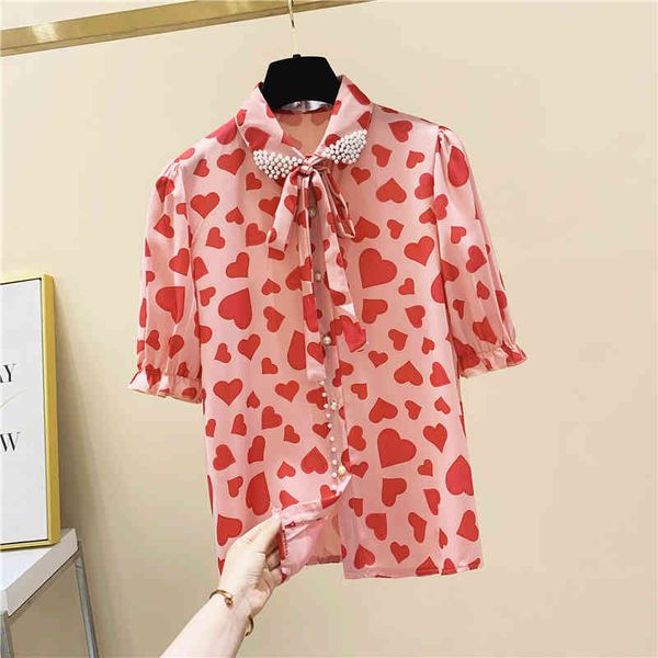 

summer fashion womens bow turn down collar beading chiffon shirt short sleeves blouses shirts a2694 210428, White