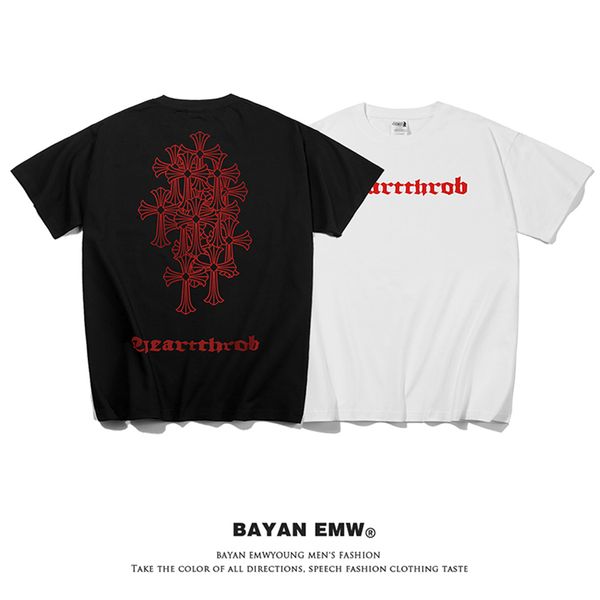 

net red 2021 clothes boys' spring light mature cross loose short sleeve t-shirt men's fashion european sty, White;black