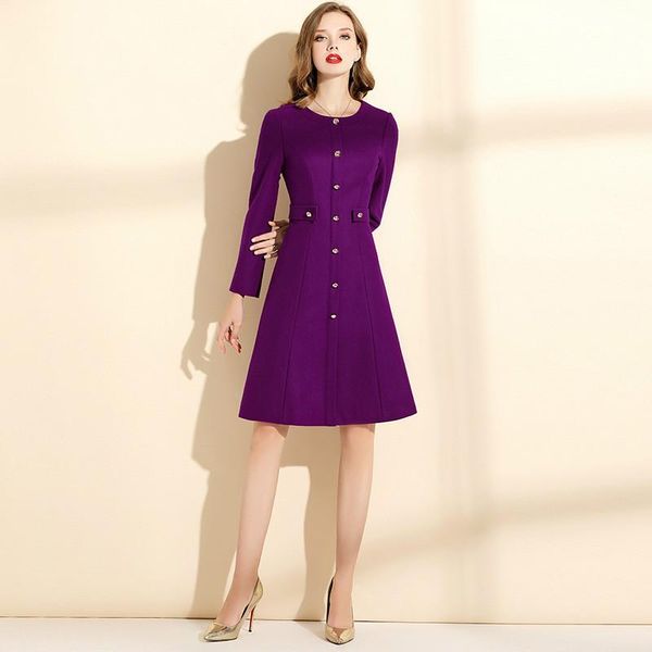 

casual dresses winter dress office lady purple woolen fashion solid color elegant round neck long sleeved slim a-line xxl, Black;gray