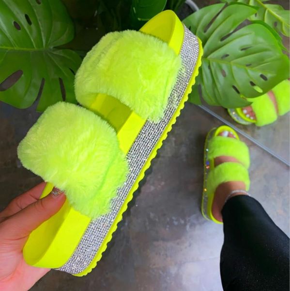 

yellow fur slides women home summer shoes bling flip flops platform soft bottom slippers mixed colors, Black
