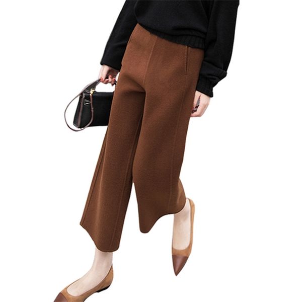 

autumn winter women woolen wide leg pants korea fashion elastic waist loose all-matched casual ankle-length s143 210512, Black;white