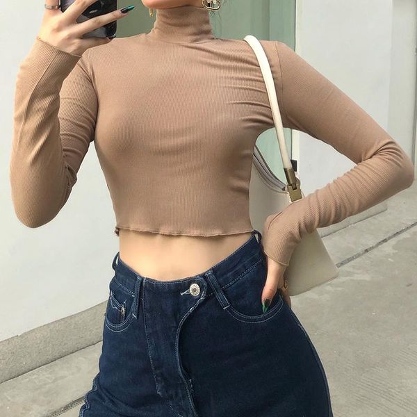 

casual slim base t-shirt women's solid color spring autumn long sleeve crop half high collar wild stretch undershirt, White