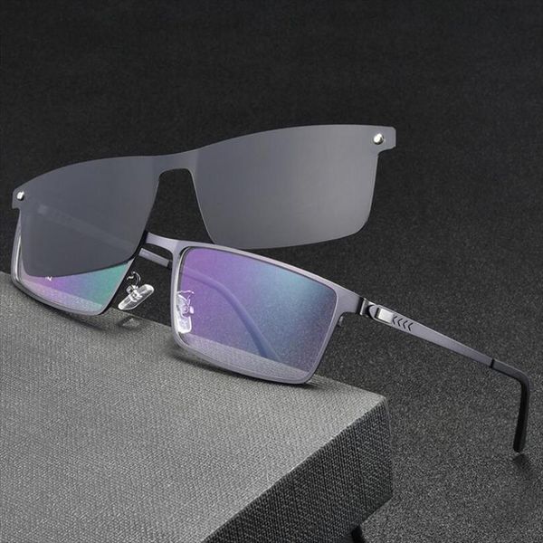 

mens full business glasses frames, spring legs integrated clips myopia polarized sunglasses, magnetic clip metal eyewear sc001, White;black