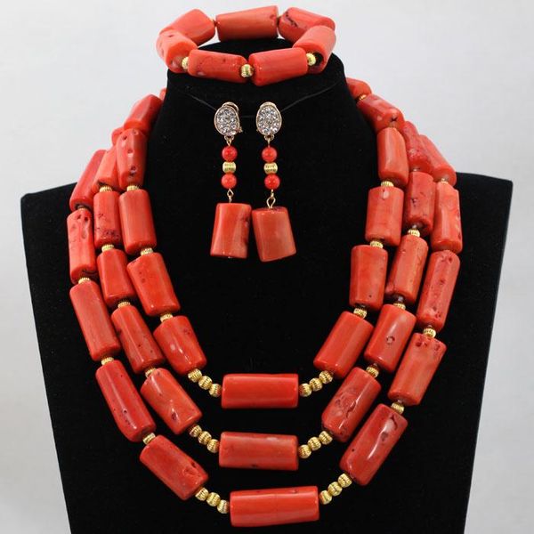 Brincos Colar 2021 Luxo Nigeriano Coral Beads Jóias de Casamento Conjunto de Jóias Rosa Fato Bridal Africano 3 Fileiras HX554